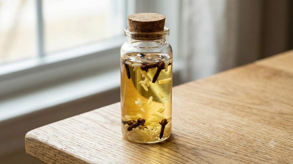 Baby oil infusing with rice grains and whole cloves in a small clear glass bottle on a light wooden background