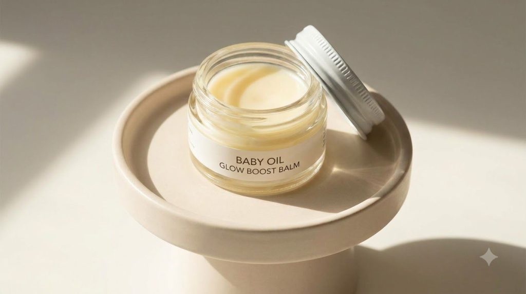 A small elegant glass jar filled with the finished Baby Oil Glow Boost Balm a creamy smooth texture ready for use On a c