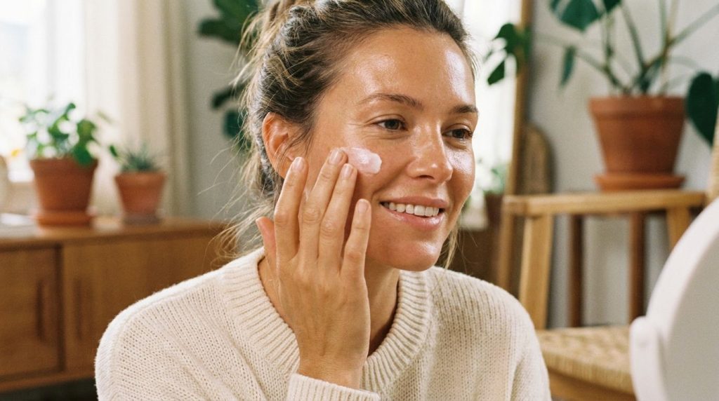 Woman gently applying a small amount of cream to her cheek demonstrating a radiant healthy-looking complexion