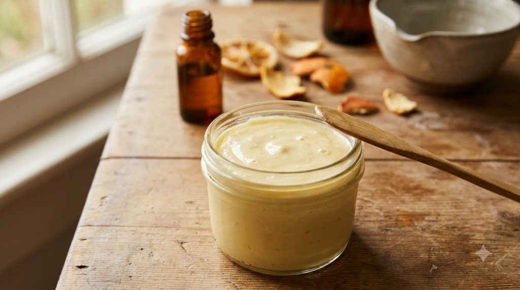 Close-up of a small glass jar containing the freshly mixed DIY Vaseline Vitamin C cream with a smooth creamy texture
