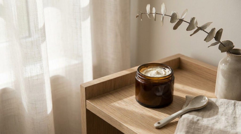 A small dark glass jar of homemade Vaseline and Vitamin C cream on a skincare vanity with soft lighting
