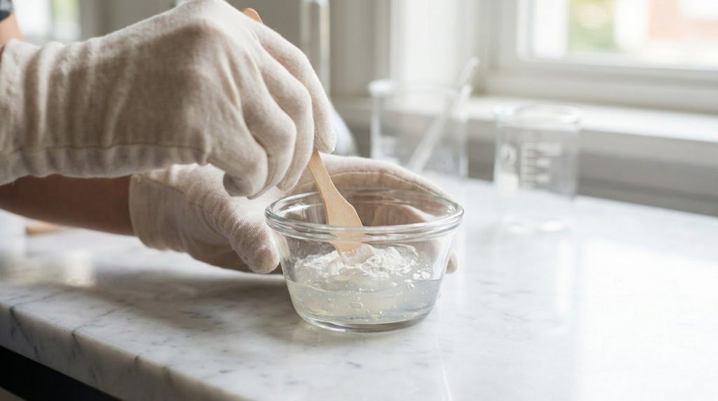 A person s hands gently mixing Vaseline and Vitamin C powder in a small glass bowl with a tiny spatula