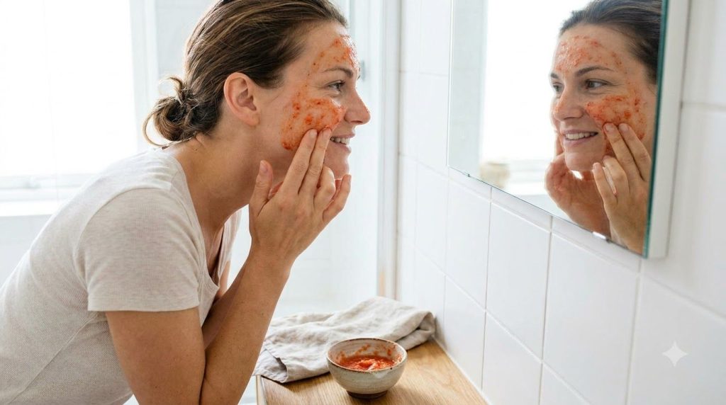 A woman gently applying a reddish-orange tomato facial mask to her clean face looking into a mirror Her skin appears fre