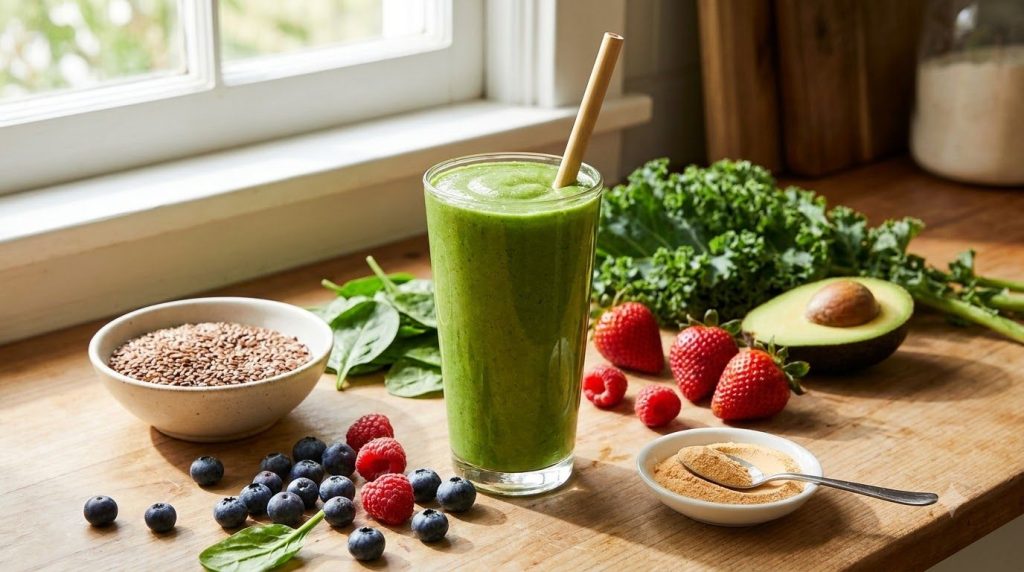 A vibrant green smoothie in a glass with a straw with various fresh ingredients like berries flaxseeds and camu camu pow