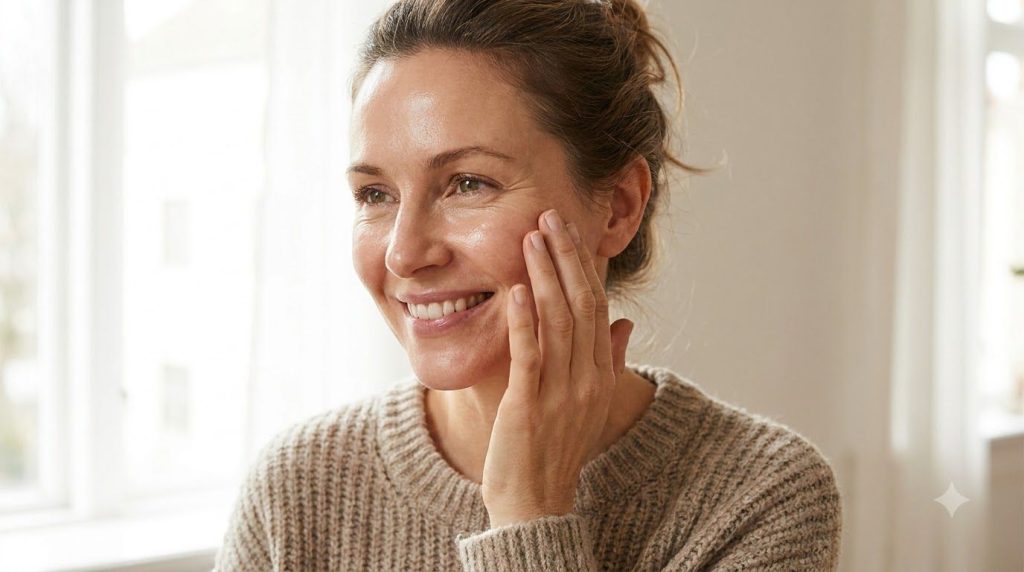 A woman in her 40s smiling touching her cheek with bright healthy-looking skin suggesting a natural glow from within to 