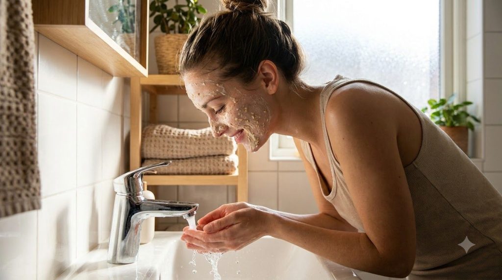 A woman gently rinsing a face mask off her face with lukewarm water over a sink showing clear glowing skin