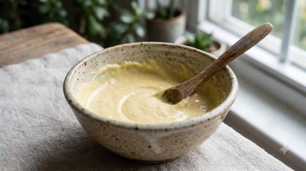 A small bowl with a creamy light yellow homemade face mask mixture with a spoon resting in it ready to be applied