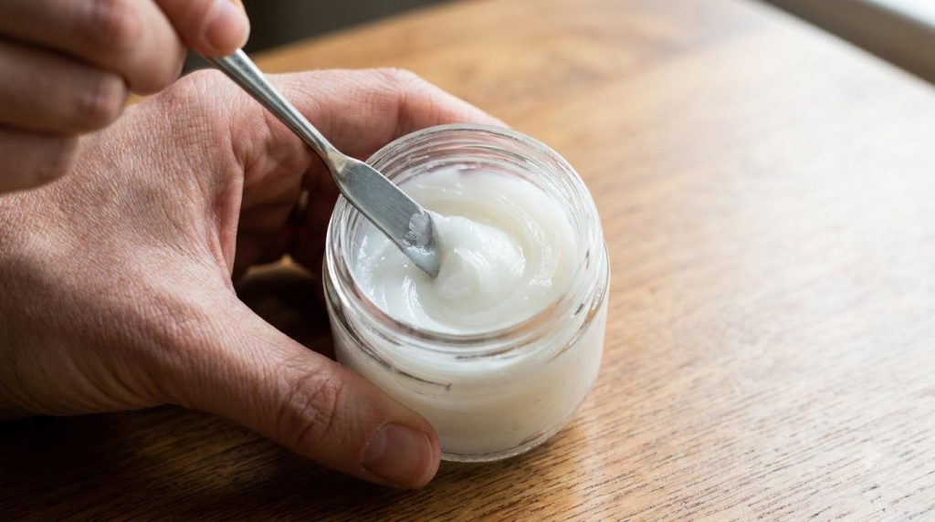 A close-up of a small glass jar with a person s hand mixing Vaseline and baby oil with a mini spatula creating a smooth 