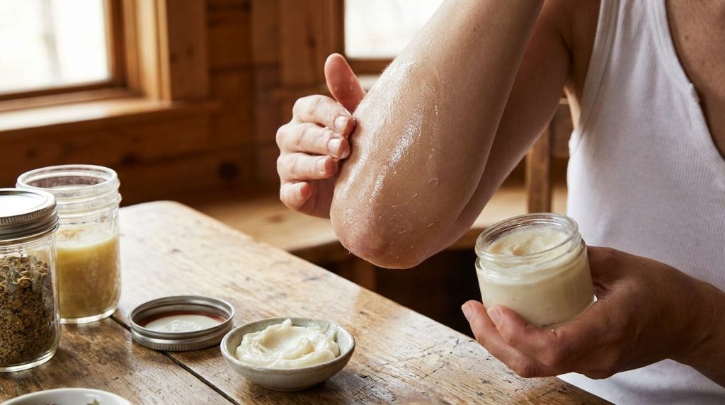 A person gently applying the homemade baby oil and Vaseline balm to their dry elbow showing the creamy texture and hydra