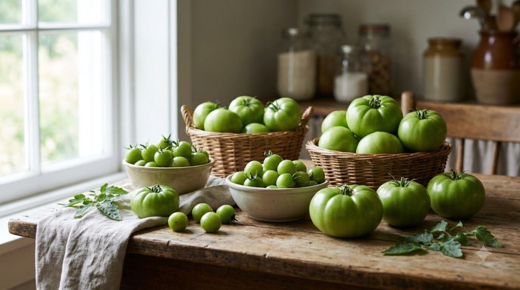 Various sizes of green tomatoes arranged on a table ready for indoor ripening