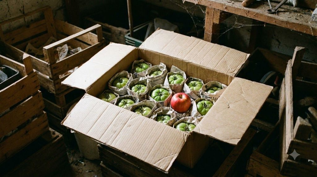A partially opened cardboard box revealing green tomatoes wrapped in newspaper with a ripe apple inside demonstrating th