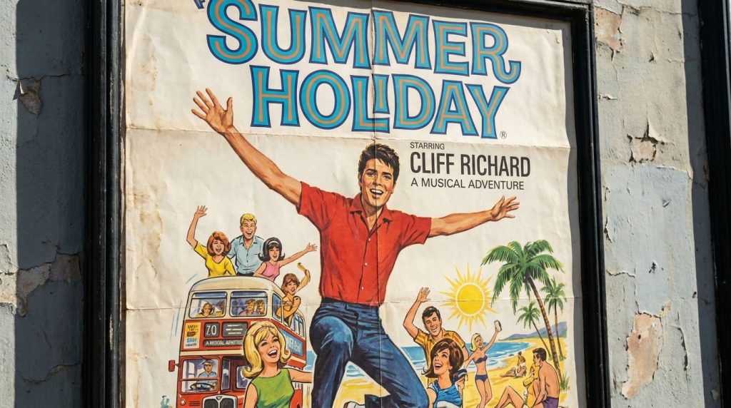 A vintage movie poster featuring Cliff Richard from one of his classic films such as Summer Holiday