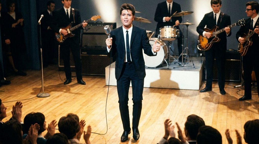 Cliff Richard performing on stage in his younger years during the height of his early career
