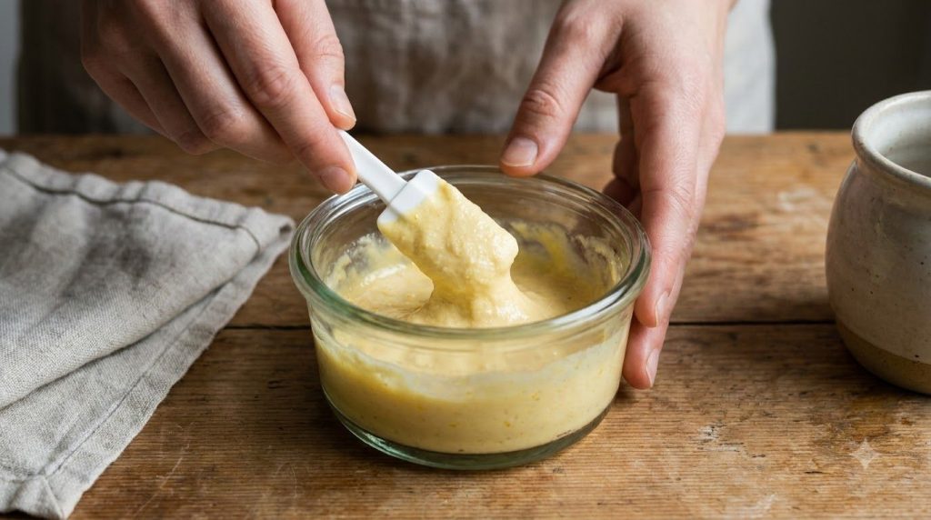A person s hands gently mixing the Vaseline baking soda and egg yolk in a small glass bowl with a tiny spatula or spoon 