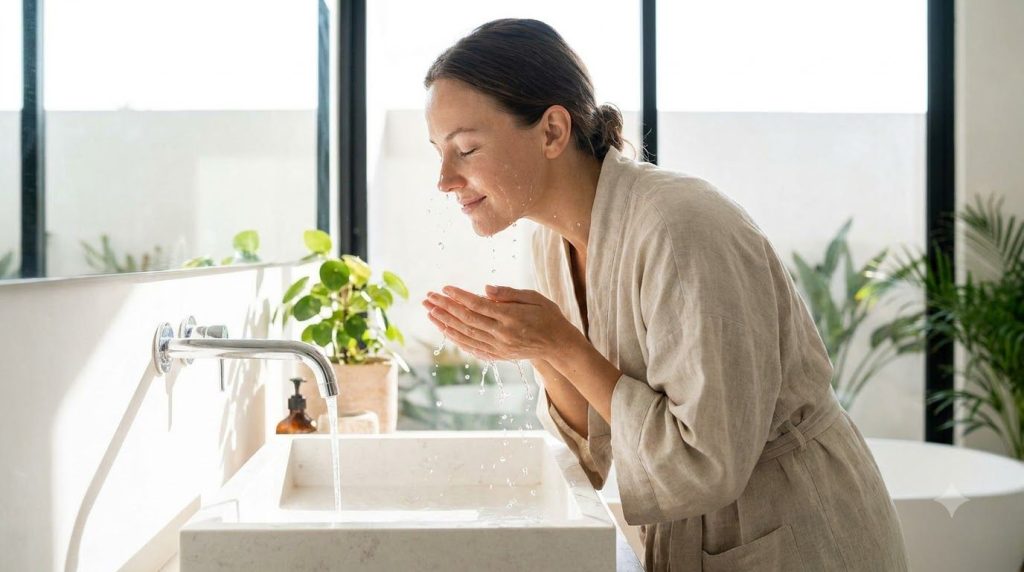 A woman gently rinsing her face with water her skin looking fresh and clear with soft natural light in a bathroom settin