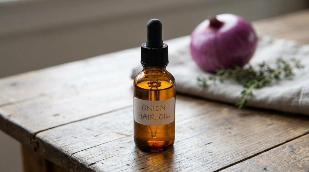 A small glass bottle of finished onion hair oil on a wooden surface with a fresh onion in the background