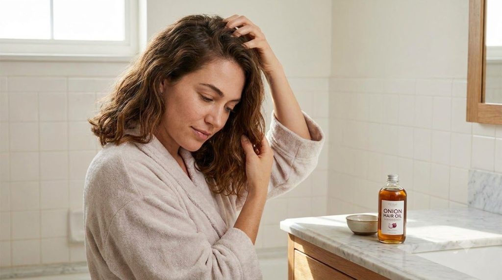 A woman gently massaging onion hair oil into her scalp with her fingertips showing a focused and relaxed expression
