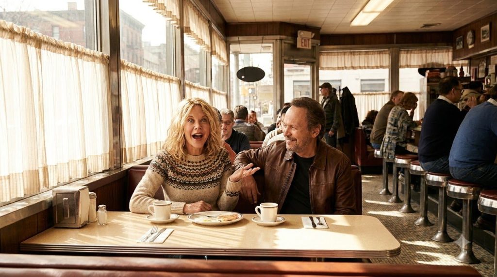 Real film still from When Harry Met Sally showing Meg Ryan and Billy Crystal in a memorable scene or a promotional poste
