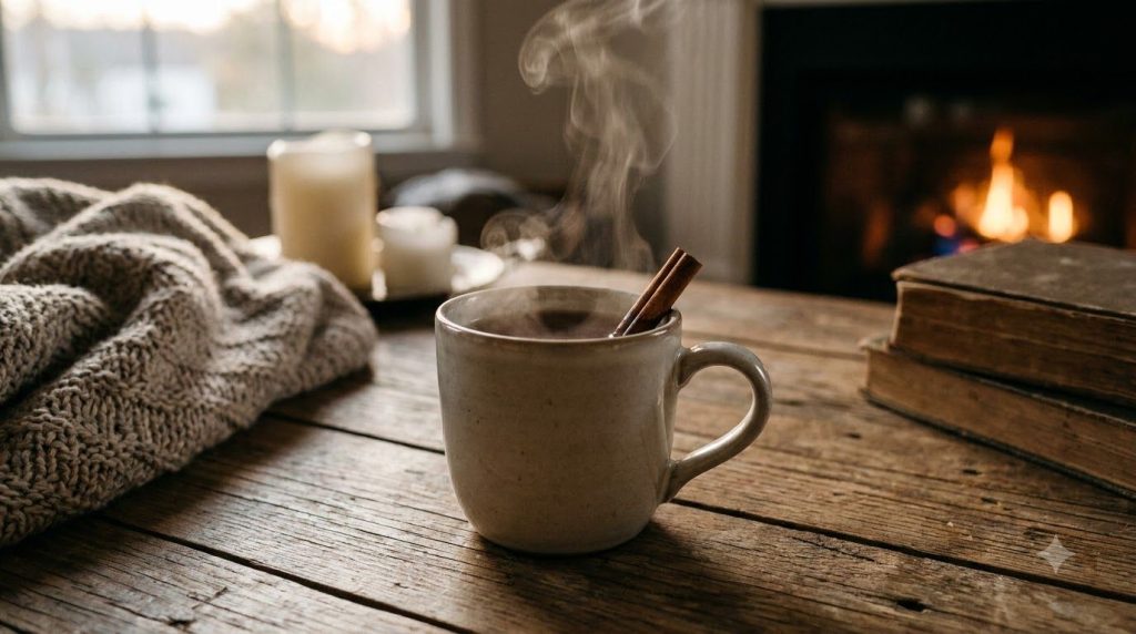 A warm mug of cinnamon tea with a cinnamon stick steaming gently in a cozy evening setting