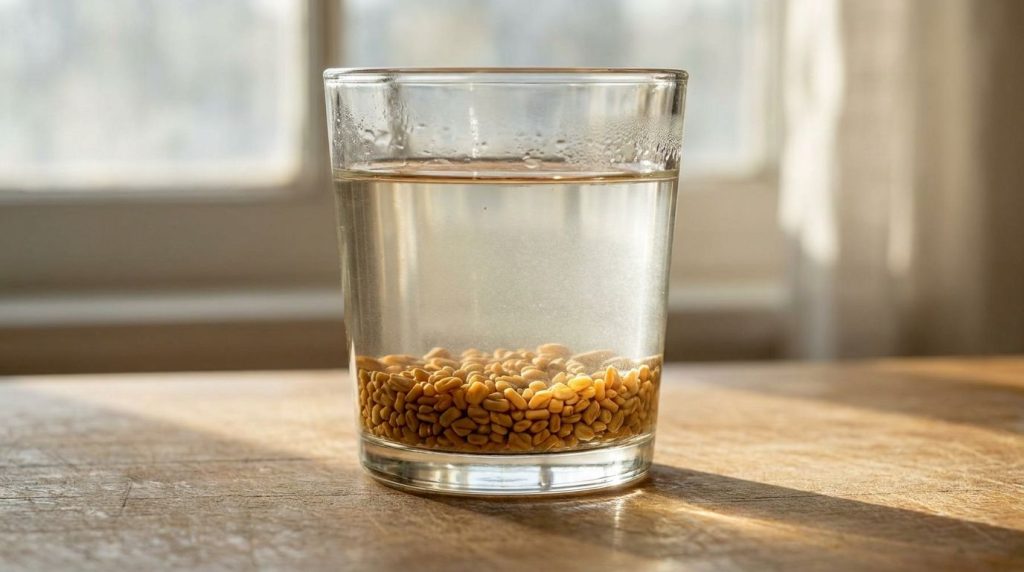 A close-up of fenugreek seeds soaking in a glass of water with soft morning light