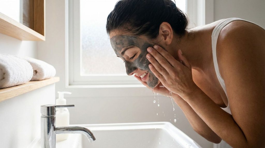 A woman gently rinsing a face mask from her face with lukewarm water over a sink showing clear refreshed skin