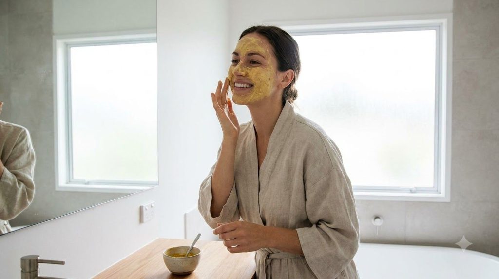 A woman gently applying a homemade face mask to her clean face in a bathroom setting with soft lighting