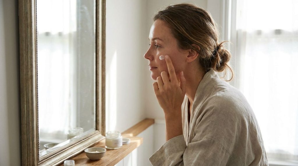 A woman gently applying a small amount of the homemade cream to her cheek demonstrating the application process