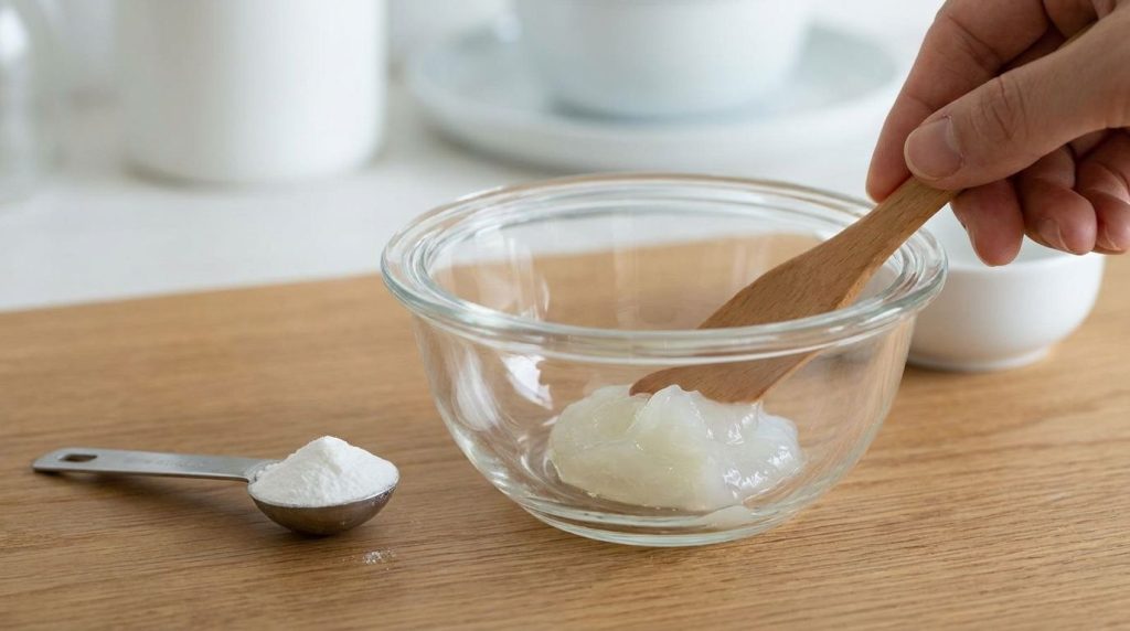 A close-up of a bowl with petroleum jelly and a small pile of white vitamin C powder on a spoon ready to be mixed
