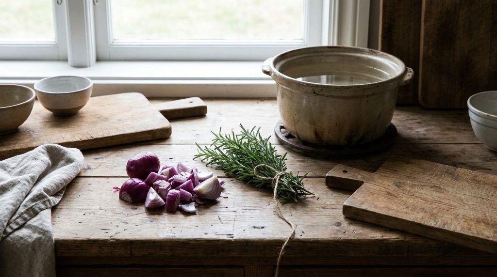 Ingredients for red onion hair remedy chopped red onion fresh rosemary sprigs and a pot of water on a rustic kitchen cou