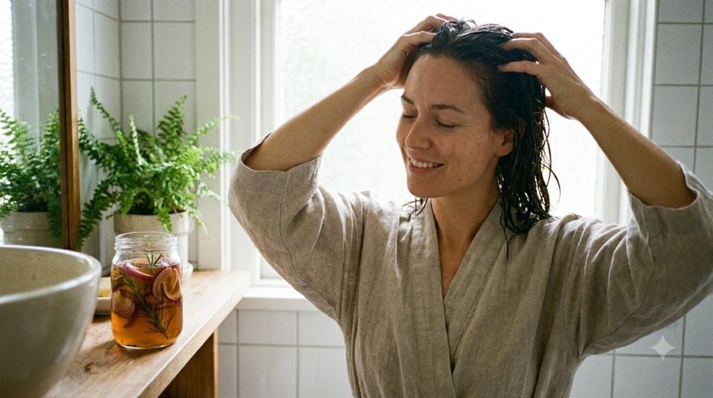 A woman gently massaging her scalp with the red onion and rosemary hair rinse using her fingertips looking relaxed and f