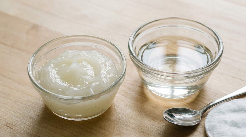 Two bowls one with petroleum jelly and one with baby oil ready to be mixed