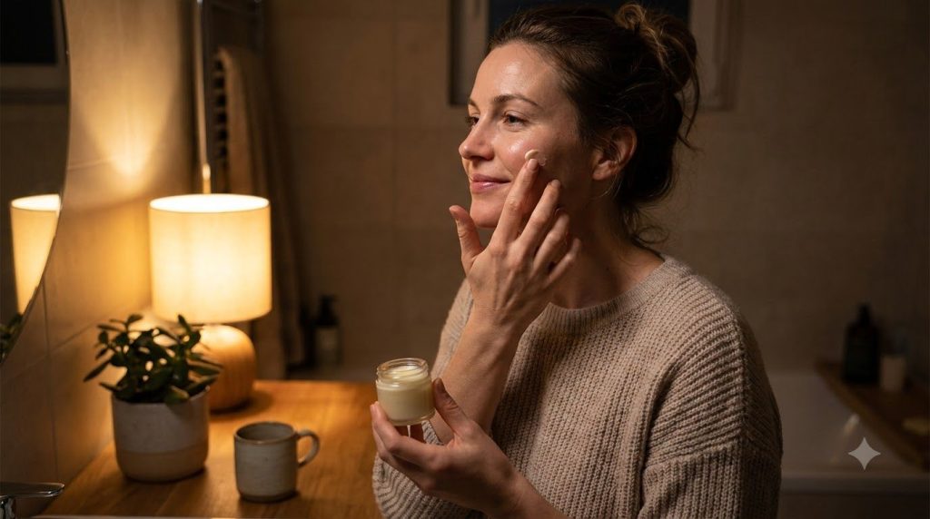 A woman gently applying a homemade balm to her cheek demonstrating a nightly routine