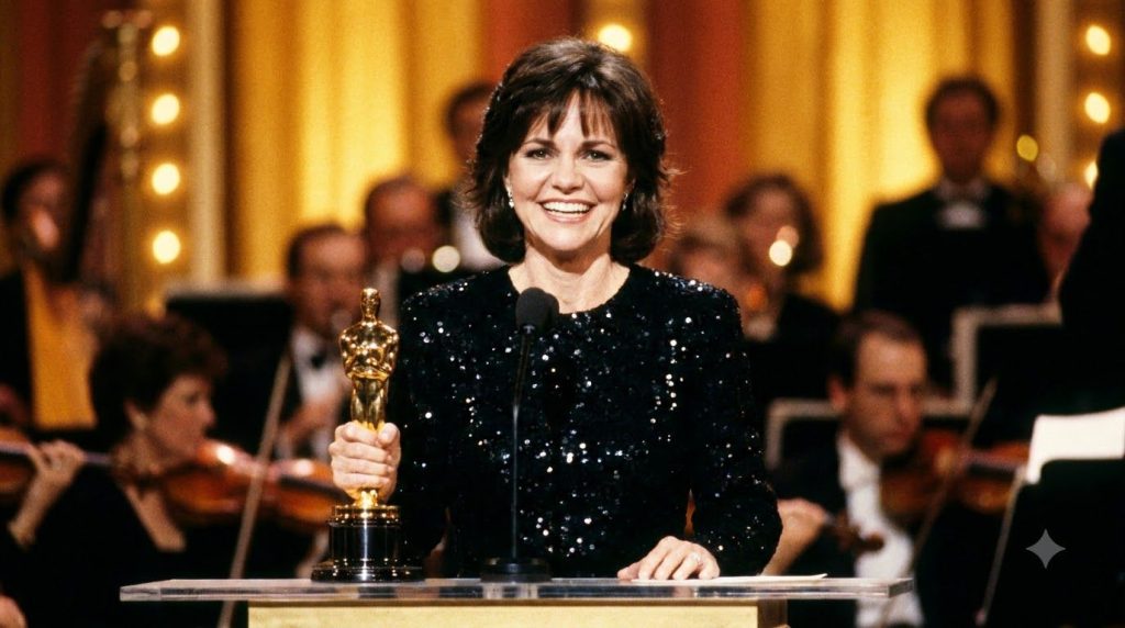 Sally Field accepting her Academy Award smiling brightly holding the Oscar trophy The image should convey a moment of tr