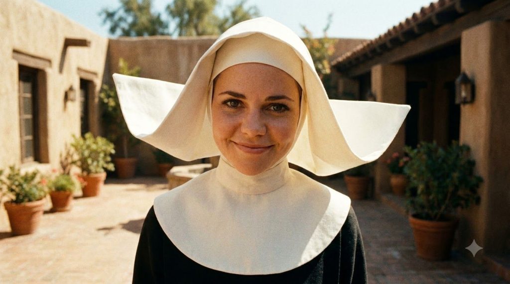 A young Sally Field in character for The Flying Nun TV series wearing a nun s habit with a whimsical wimple smiling play