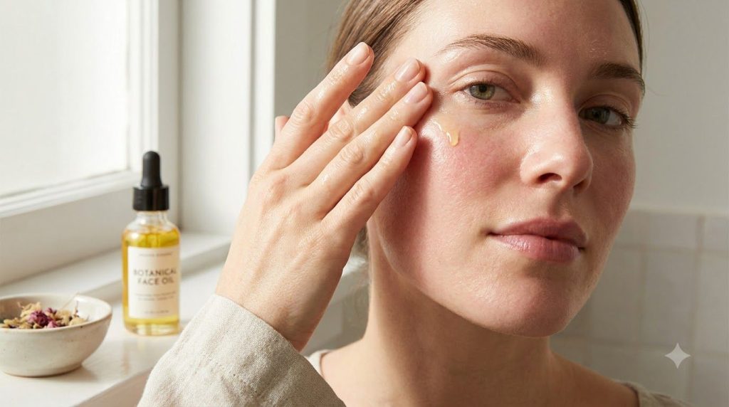 A close-up of a hand gently massaging a few drops of the DIY Botox Oil onto clean facial skin showing the radiant textur