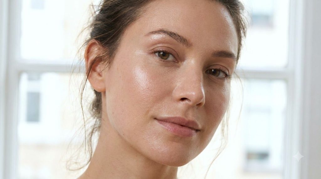A close-up of a woman s face with visibly smooth hydrated and radiant skin after using a natural anti-aging oil highligh