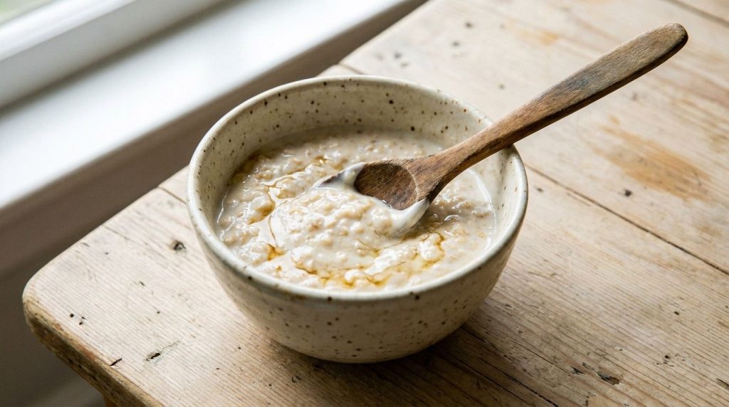 Close-up of a small bowl containing the oatmeal yogurt and honey mask with a mixing spoon
