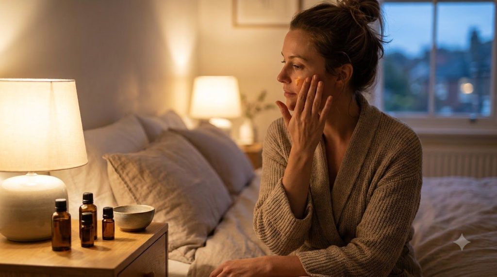A woman applying a small amount of the DIY anti-aging oil blend to her face at night