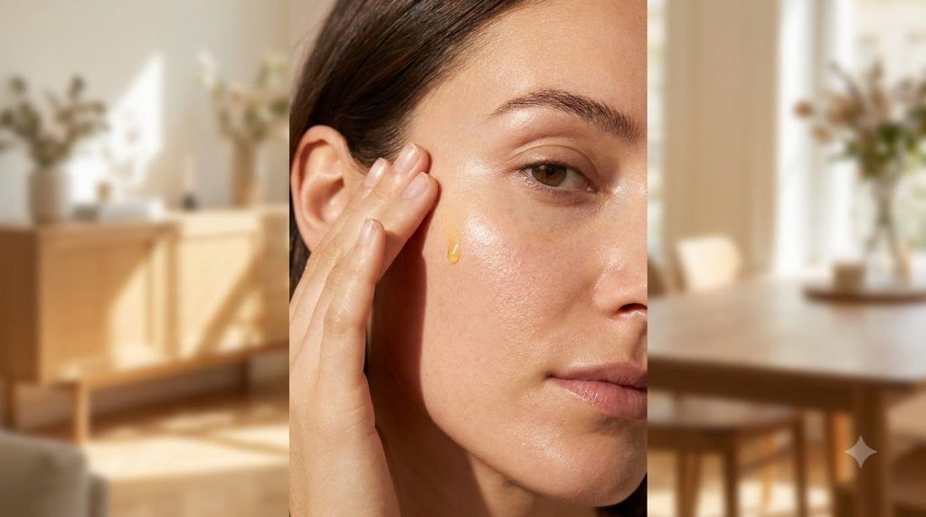 A close-up of a glowing healthy-looking woman s skin after applying a natural facial oil