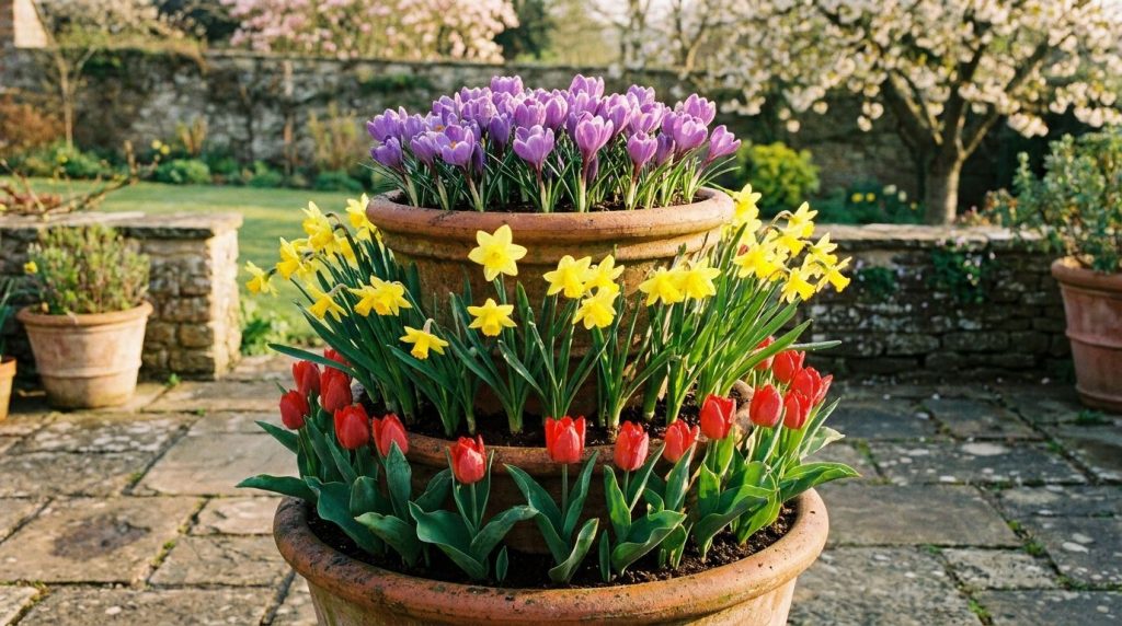 A beautiful container garden showing a lasagna planting in full bloom with multiple layers of flowers like crocus tulips