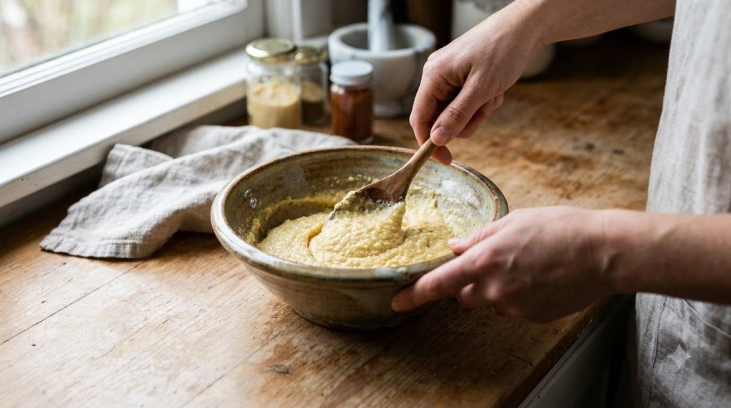 A small bowl with a homemade face mask being mixed with a spoon showing the combined texture of Vaseline baking soda and