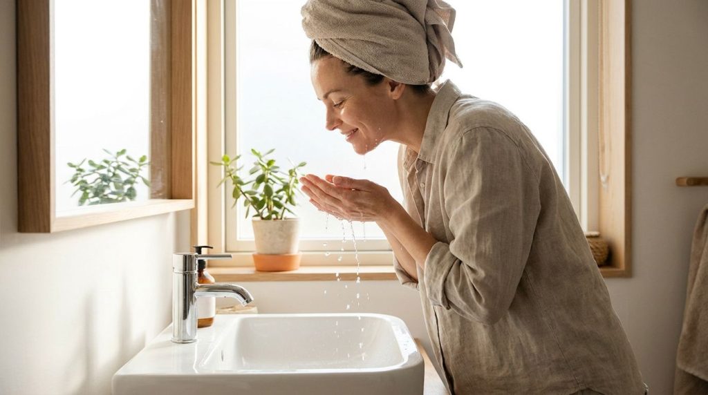 A woman gently rinsing her face with water over a sink in the morning after an overnight face mask looking refreshed and