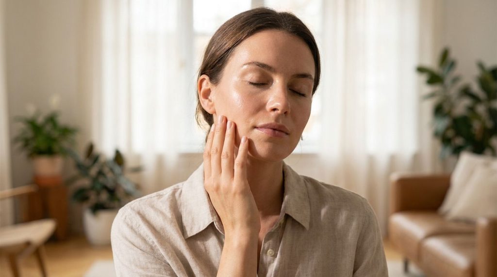 A woman gently touching her cheek showing off smooth glowing and hydrated skin with a subtle natural radiance