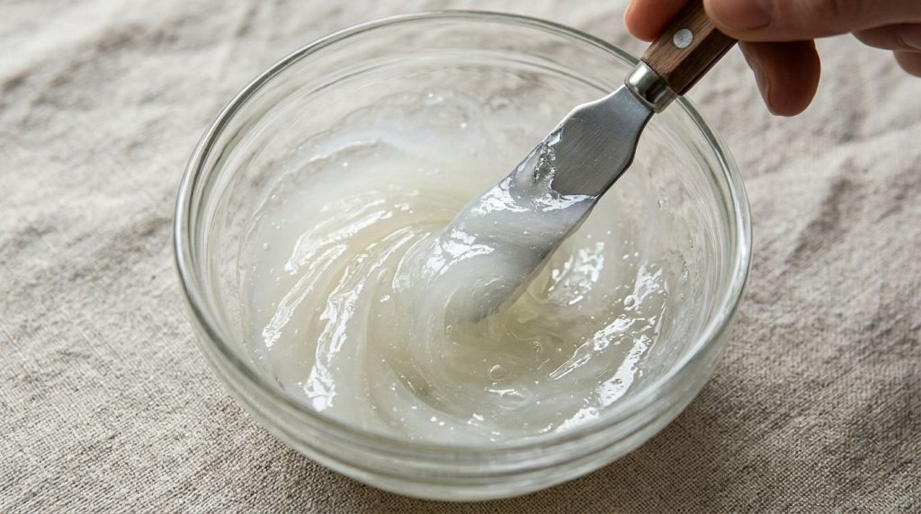 A close-up of a small glass bowl with Vaseline baby oil and aloe vera gel being mixed with a small spatula to form a smo