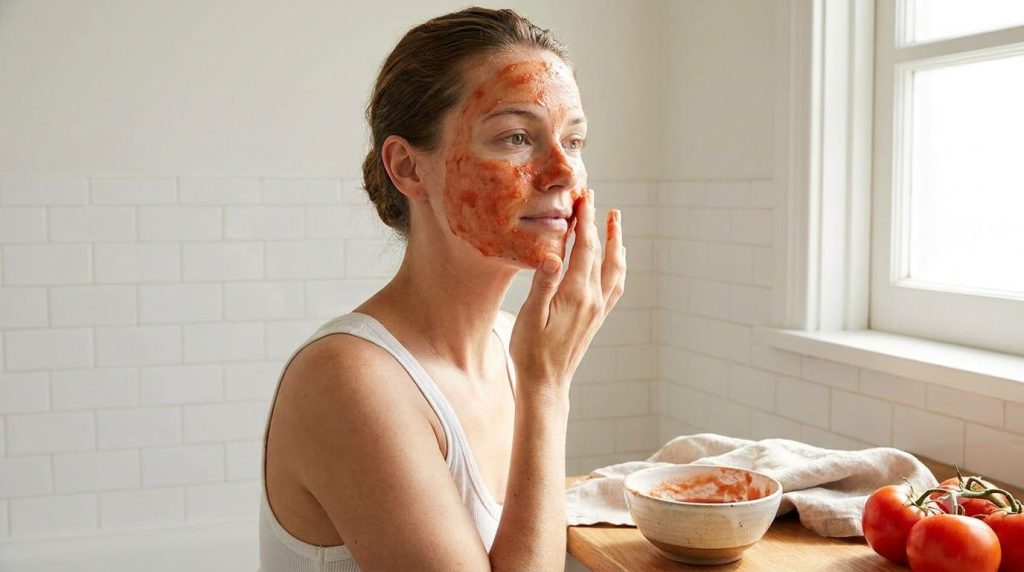 A woman gently applying a homemade tomato face mask to her clean face looking relaxed and natural The background is a br