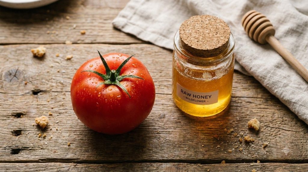 Ingredients for a tomato face mask one fresh tomato and a small jar of raw honey arranged neatly on a wooden surface