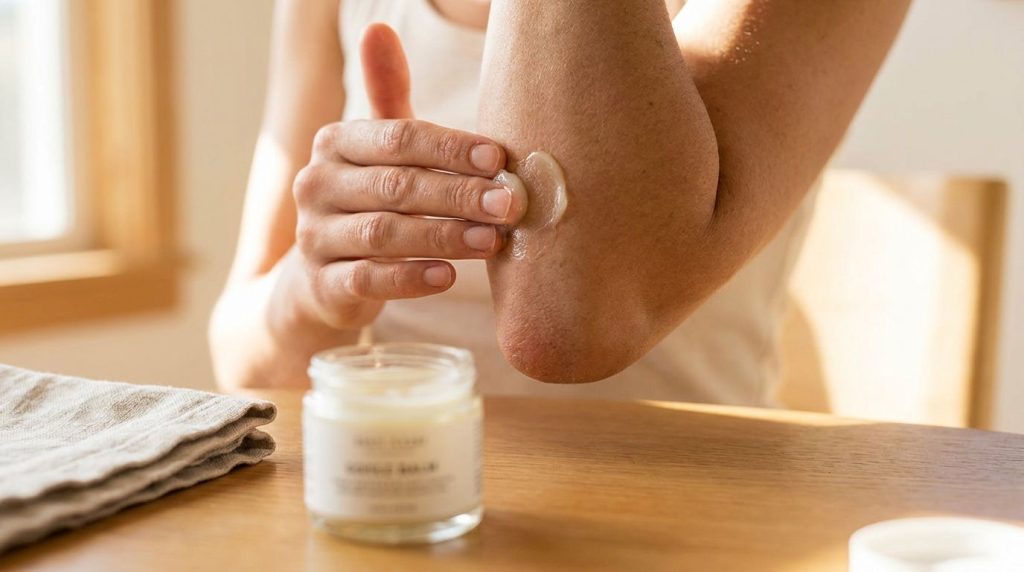 A hand applying the Vaseline and olive oil balm to a dry elbow showcasing the balm s moisturizing effect