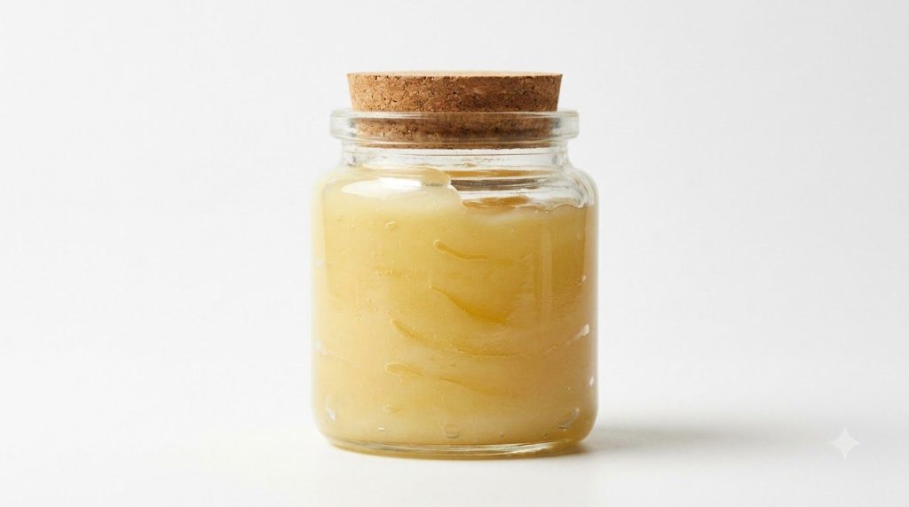 A small glass jar containing the freshly made Vaseline and honey face mask ready for use
