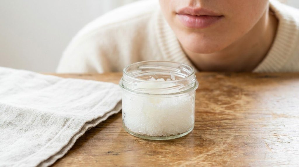 A small clear container filled with the Vaseline and sugar lip polish next to a pair of soft lips ready for exfoliation