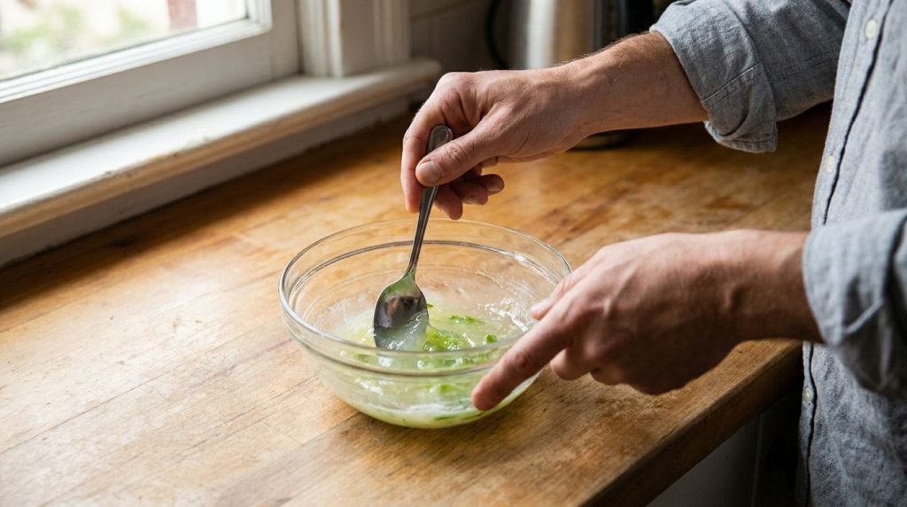 Hands mixing melted Vaseline and aloe vera gel in a small glass bowl with a spoon creating a creamy white gel